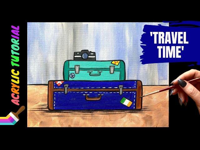 EP149- 'Travel Time' stack of suitcases with camera, stickers easy acrylic painting tutorial