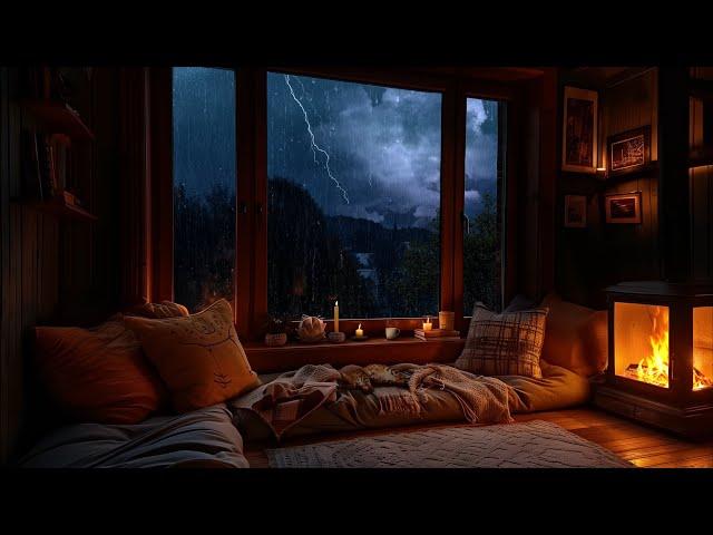 Embracing the Thunderstorm: Cozy Window Nook with Sleeping Cat and Crackling Fireplace