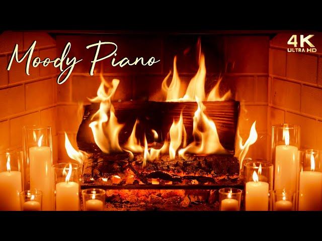 Cozy Fireplace with Moody Piano Music | Crackling Fire Ambience with Soft Candle Glow