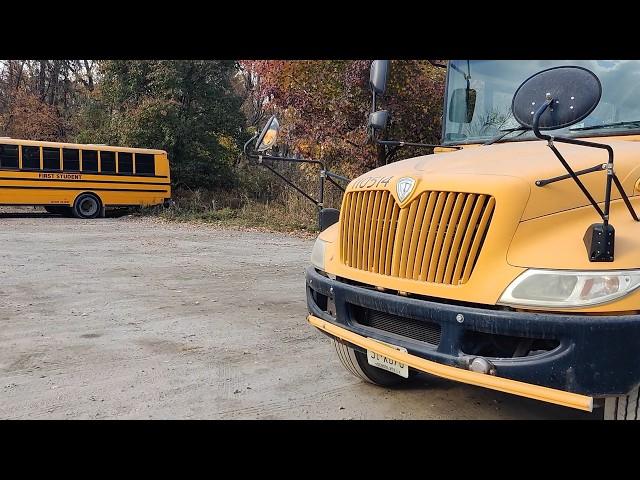 IC CE school bus start, pre-trip, and drive to school, ft. NJ Transit locomotive
