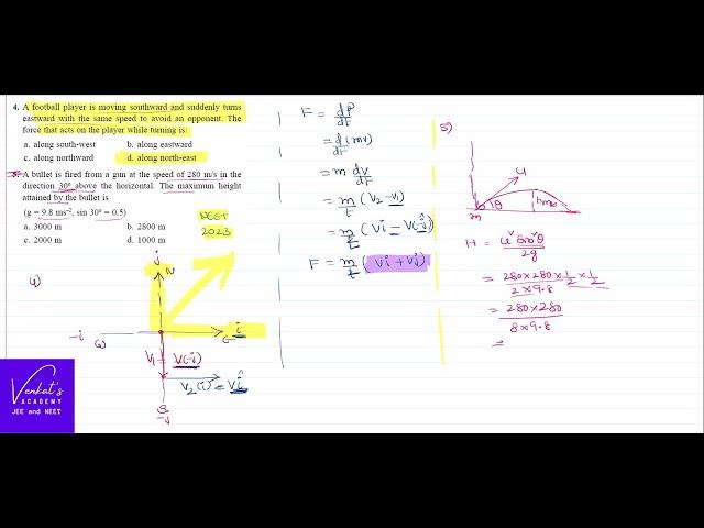 NEET 2023 Motion in a plane Question Finding direction of force and maximum height of bullet