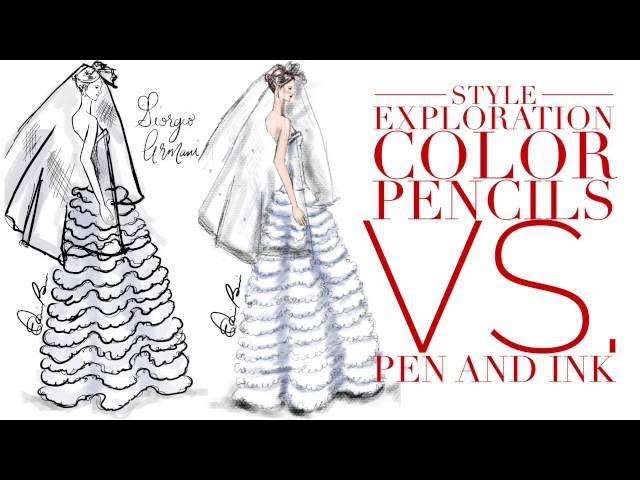 Style Exploration Digital Color Pencils VS. Pen & Ink Giorgio Armani Gown Fashion Illustration