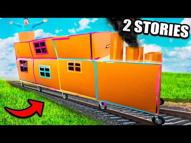 Working 2 Story BOX FORT TRAIN! Escaping Bandits in Our Cardboard Train (24 Hour Challenge)