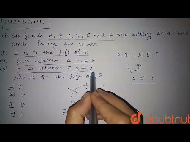 (1) Six friends A, B, C, D, and F are sitting in a closed circle facing the centre. (2) E is to ...