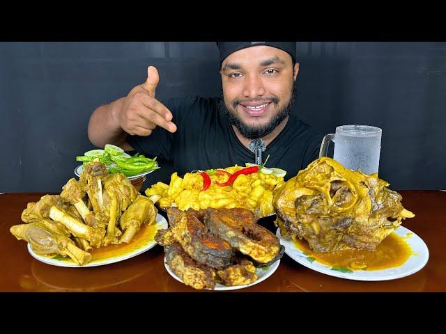 SPICY OILY MUTTON ROST, FISH FRY, FULL GOAT HEAD CURRY AND MUTTON FAT CURRY WITH RICE EATING SHOW