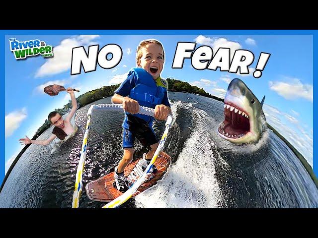 WAKEBOARD... with SHARKS? and CAVEMEN!? Kids Family fun