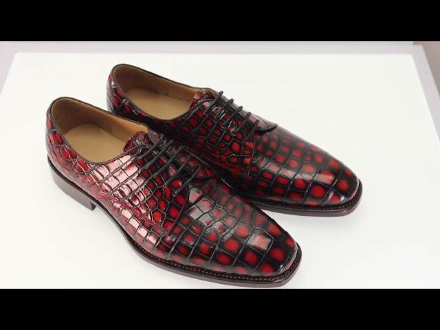 Genuine Alligator Leather Men’s Derby Perforated Lace-Up Dress Shoes Red Patina