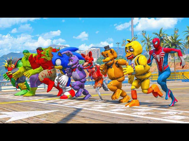 TEAM HULK VS SONIC, FNAF, RED HULK IN SPIDER MAN SUPERHEROES Running Event on WATER #1080