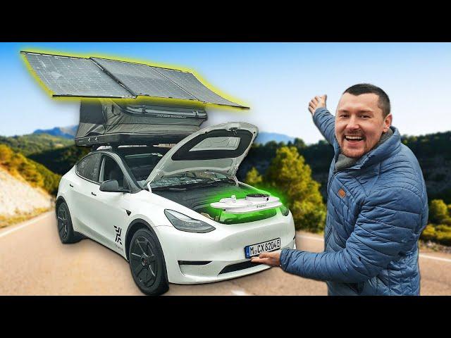 Mein Tesla Camper mit 1,1 kWp Solaranlage, Küche im Frunk & Bio Range Extender