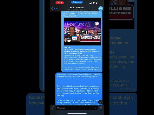 Keith Williams (HyperFund, HyperVerse & HyperNation) txting Danny de Hek (Ponzi Scheme Buster)