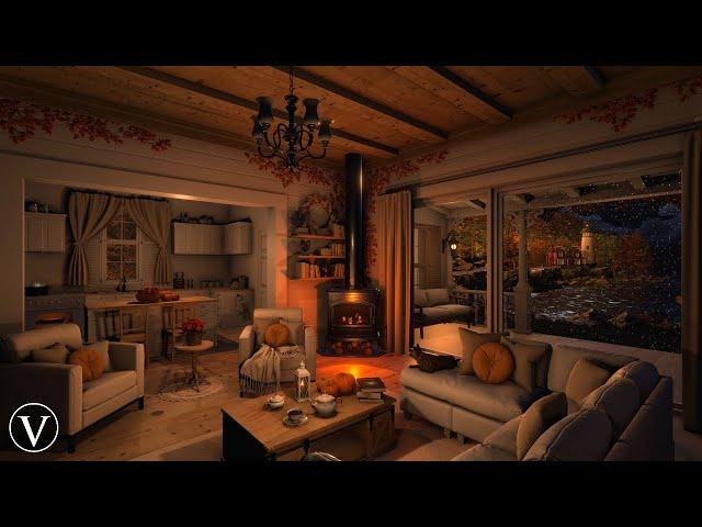 Cozy Autumn Cottage Interior | Night Ambience | Wood Stove Fireplace, Rain & Thunder Sounds