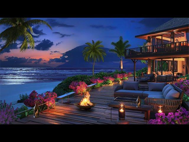 A Beautiful Purple Night Ambience In A Peaceful Beach | Crackling Fire & Soft Ocean Waves Sound