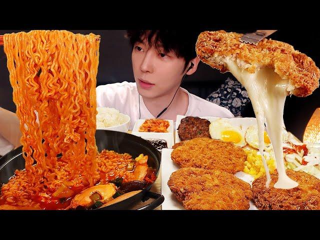 MUKBANG ASMR | Cheese pork cutlet & mushroom fire noodles &  kimchi & laver ! KOREAN FOOD EATING 