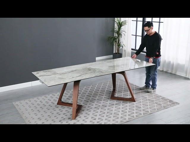 EMILIA Extendable Marbleized Ceramic Dining Table w/ Trapezoidal Wooden Legs