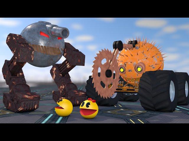 Pacman & Ms. Pacman vs Saw Truck Robot and Combat Robot Monsters