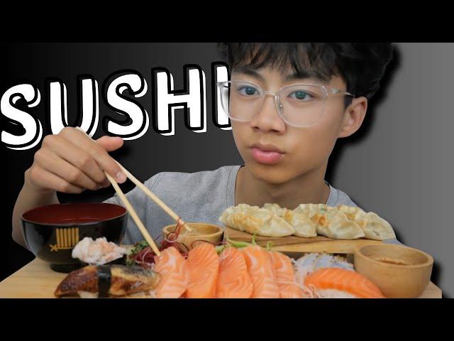 SUSHI *Assorted Nigiri, Salmon Sashimi with Pork Gyoza and Miso Soup | N.E Let's Eat