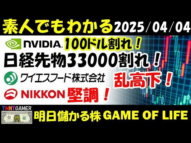 【明日のテンバガー株・高配当株】世界株暴落の前兆とは！エヌビディア100ドル割れ！日経34000割れ！先物33000割れ！ニッコンホールディングス！堅調！ワイエスフード！乱高下！【20250404】