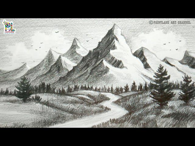 How To Draw Morning Mountains Landscape Art With Single Pencil  || PAINTLANE