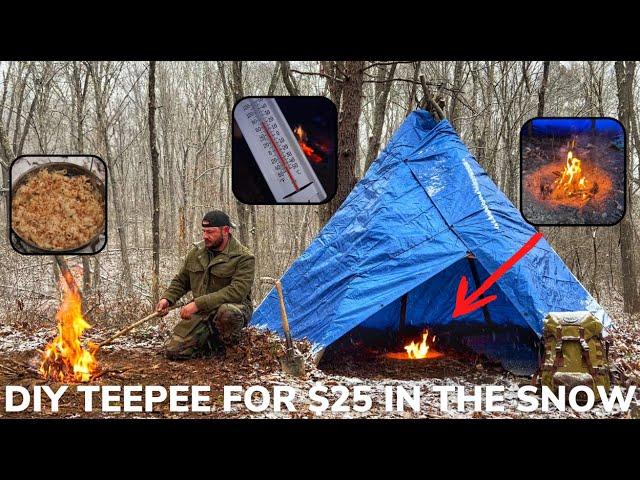 Solo Overnight Building a DIY Teepee For $25 In the Snow and Bacon Chicken Ranch Skillet