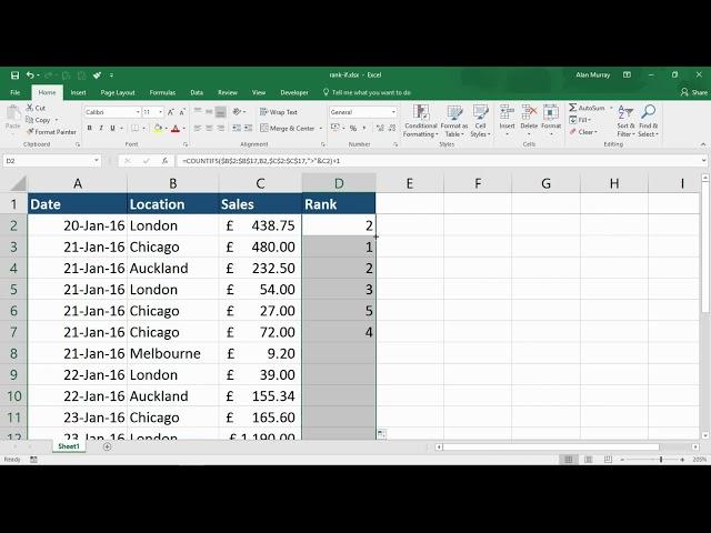 Conditional Rank Formula using COUNTIFS - Custom RANKIF Function