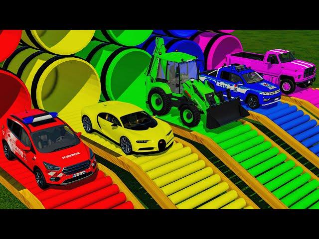 TRANSPORTING FIVE COLOR NEW HOLLAND TRACTOR, RIGITRAC, POLICE DODGE, HUMMER, MERCEDES! - FARMING 22