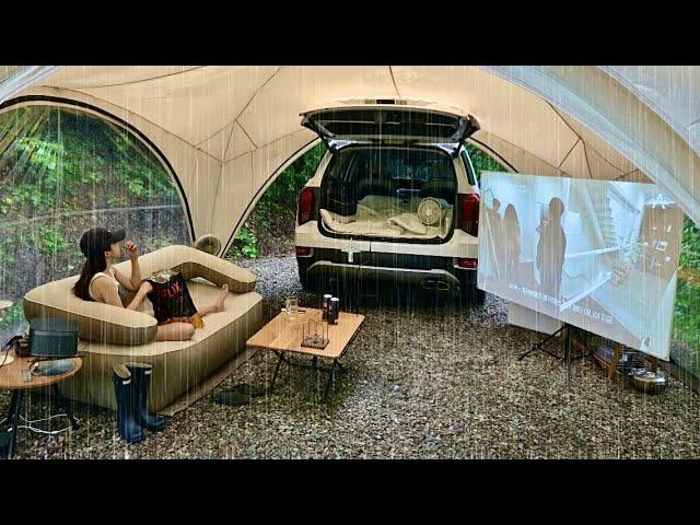 All day Rain️cozy luxury camping in a super-large shelter in heavy rain.camping-Vlog