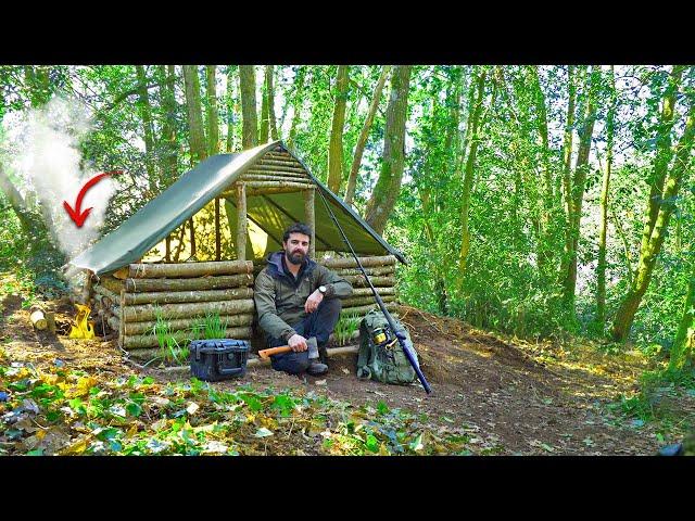 SURVIVAL SHELTER WITH FIREPLACE - 2 Days Solo Bushcraft in the woods!