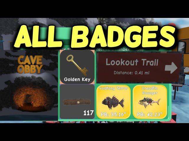 How to Get ALL BADGES in ICE FISHING SIMULATOR Roblox [ Golden Key Cave Obby FishDex ]