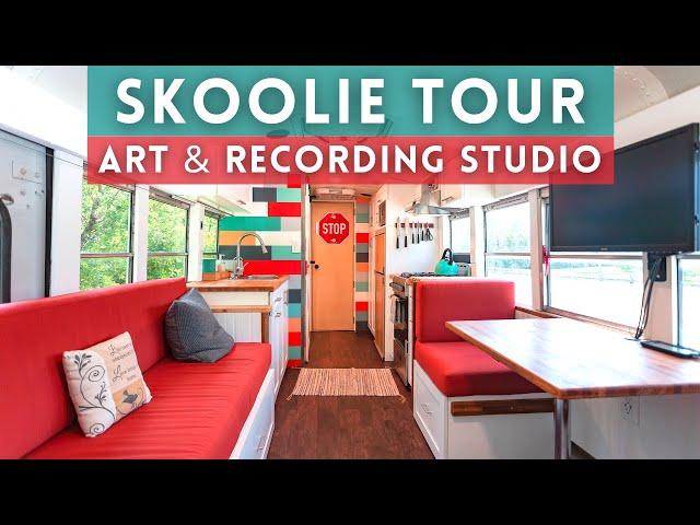  Skoolie Conversion Tour | We turned a BUS into a tiny house & mobile STUDIO on Wheels!