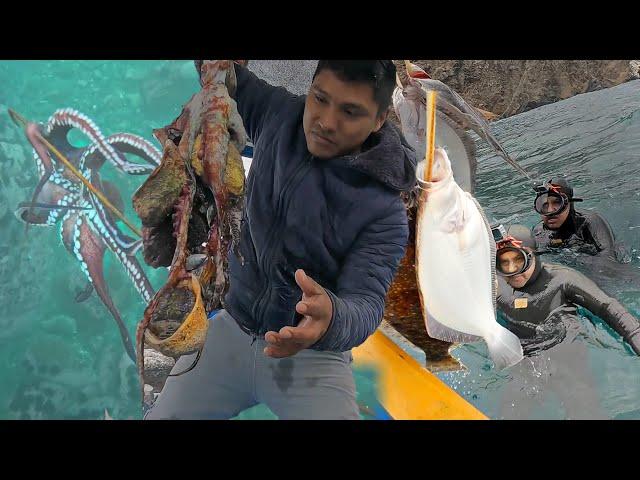 Wou! Pescador Extrae grandes Lenguados y Pulpos en las profundidades del mar con técnica del Arpón