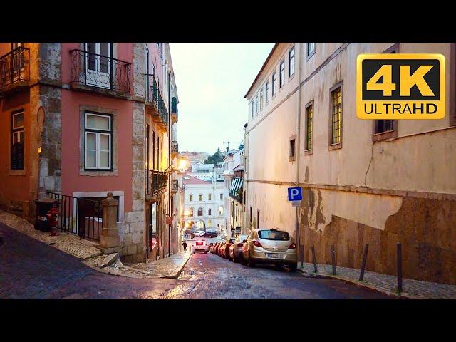 Early morning walk in the rain in Lisbon - (4K) HDR (Portugal)