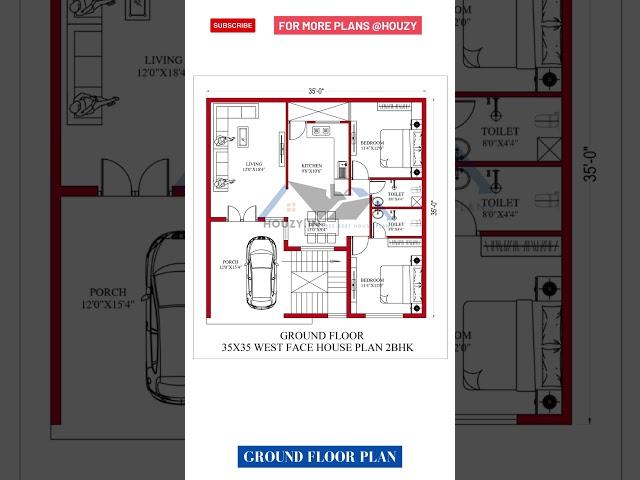 35x35 West Facing House Plan #houzy #homedesign #westfacinghouse #home #floorplan #housedesign #3d