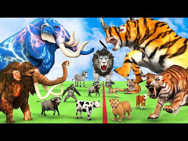 5 Giant Mammoth Elephant Cow vs 5 Giant Lion Tiger vs Hybrid Rhino Zebra Cow Save By Woolly Mammoth