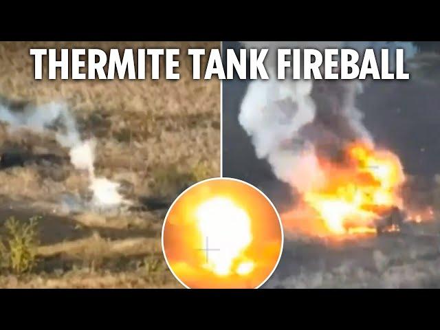 Dragon drone spews molten thermite on Russian tank in explosive Ukraine frontline combat