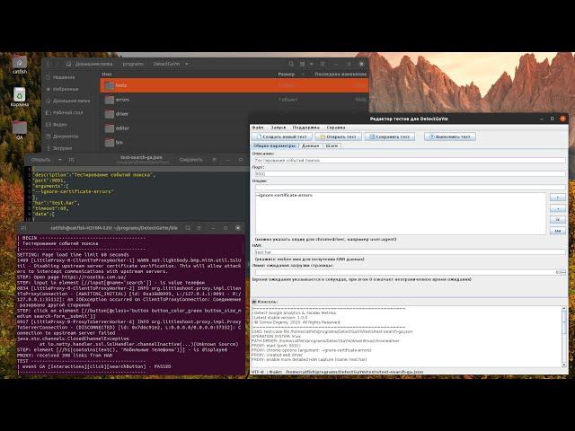 Демонстрация программы DetectGaYm тестирования событий Google analytics и Yandex metrika на Linux