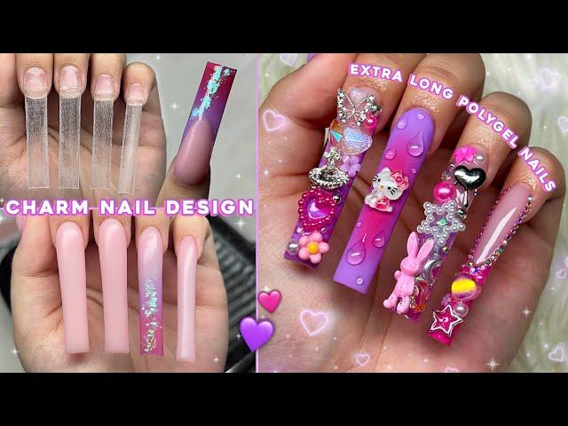 PURPLE & PINK POLYGEL FREESTYLE CHARM NAIL DESIGN & EXTRA LONG POLYGEL NAILS | Nail Tutorial