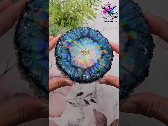 Resin Agate Coaster Pour in Holographic Crystal Mold #resinmolds #crystals #artprocess