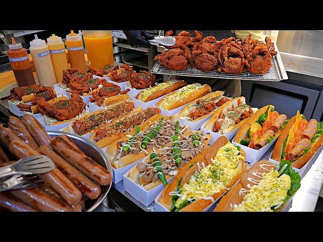 Full of unique toppings! American style hot dog sandwich , chicken hot dog / korean street food