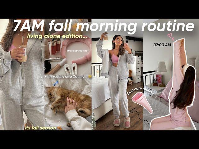 my 7AM fall morning routine🫐|روتيني الصباحي في وقت الخدمة و القراية️(living alone edition..)