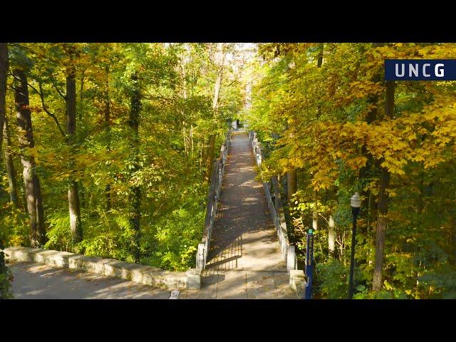 Aerial views of UNC Greensboro's vibrant fall campus