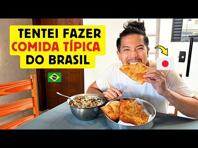 Um japonês tentando fazer comida típica do Brasil