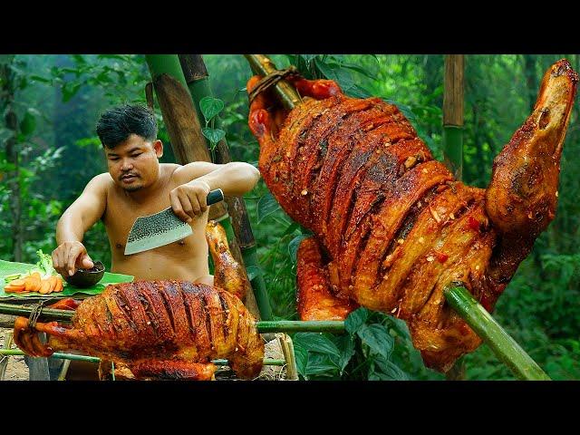 Wilderness Cooking Skill | Roasted Muscovy Duck Green Coconut Eating With Chili Sauce So Delicious.