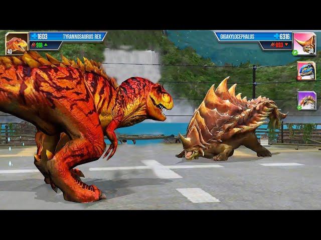 THE NEW SUPERHYBRID DINOSAUR GIGAKYLOCEPHALUS VS T REX - BATTLE | JURASSIC WORLD THE GAME | GAMEPLAY