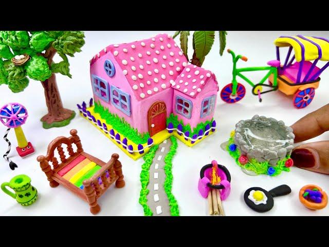 DIY How to make polymer clay miniature House, Rikshaw cycle, Kitchen set, Water well, Charpai, Fan