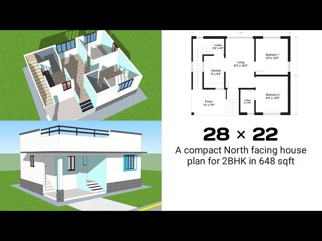 28 x 22 North facing house plan for 2bhk | 8.5 x 6.5 Meter compact house design in 650 sqft