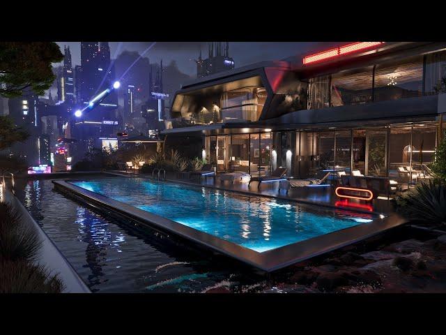 Luxury Home Of The Future With Beautiful Pool & Sci-Fi City Backdrop | Waterfall Sounds For Relaxing