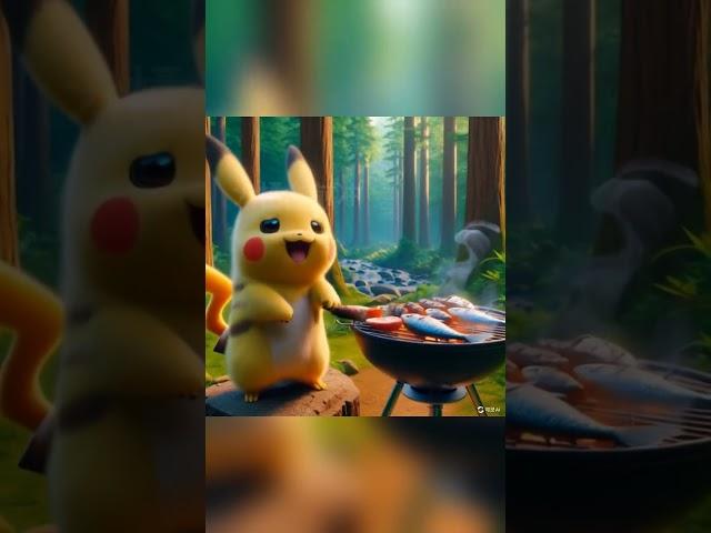 Pikachu’s grilled fish was so delicious #shorts #cute #pikachu #cooking #cartoon #ai