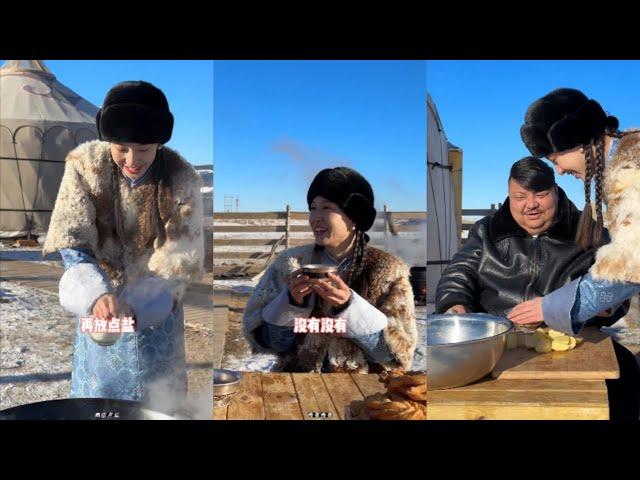 Mongolian beauty Wei Lisi made a different belly stuffed meat today! #camping #cooking #village