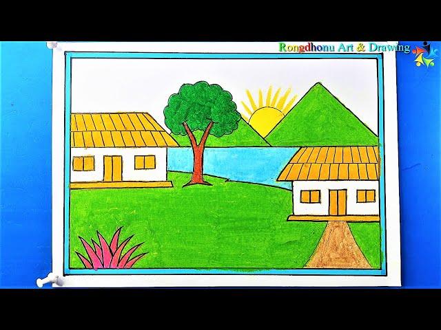 Learn the rules of drawing in a very simple way  Very Nice Village Scenery Painting