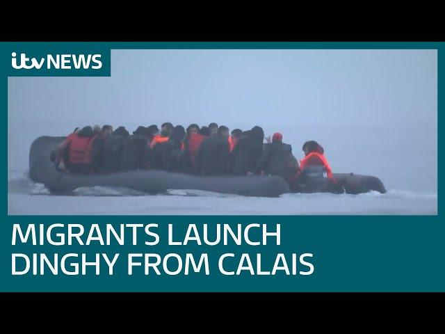 Up to 50 migrants launch dinghy from Calais beach unhindered by French police | ITV News